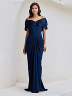 Königsblaues eng anliegendes/Schlauchkleid, schulterfrei, bodenlang, dehnbarer Kreppstoff