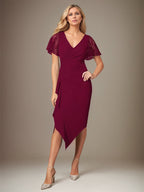 Bordeauxrotes Stretch-Crêpe Kleid mit V-Ausschnitt, kurzen Ärmeln, tea-length
