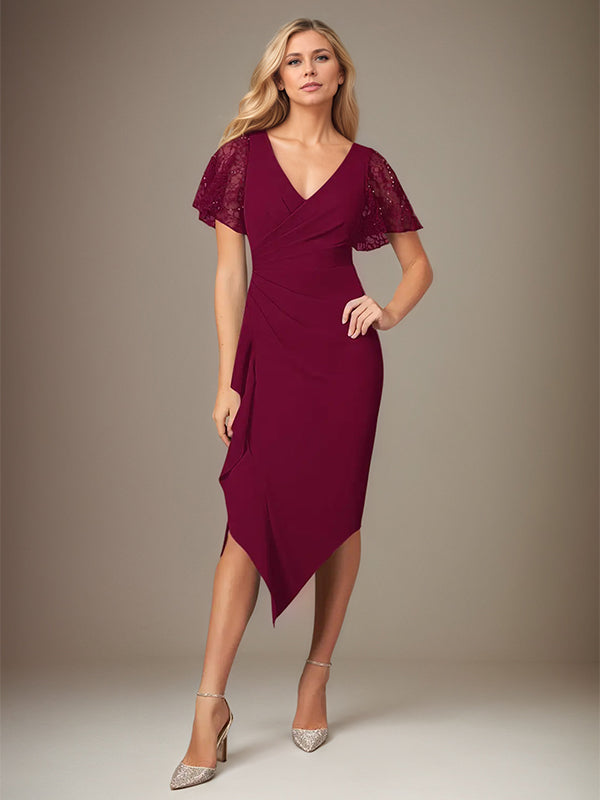 Bordeauxrotes Stretch-Crêpe Kleid mit V-Ausschnitt, kurzen Ärmeln, tea-length