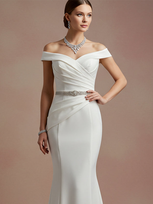 Elegant Evening Satin Dress Off-Shoulder Mermaid White Rhinestone Formal Dress