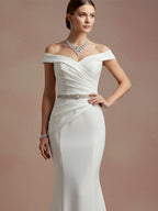 Elegant Evening Satin Dress Off-Shoulder Mermaid White Rhinestone Formal Dress