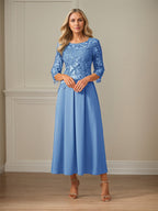 Robe mère de la mariée maxi en dentelle froncée ligne A col rond à volants