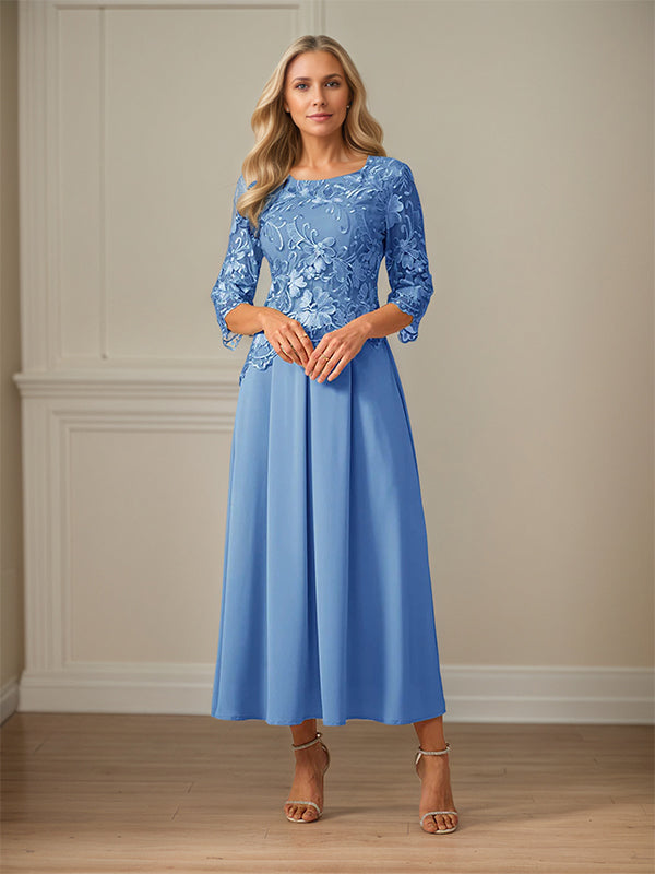 Robe mère de la mariée maxi en dentelle froncée ligne A col rond à volants
