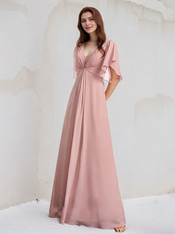 Abito da damigella lungo fino a terra in chiffon, linea a trapezio e scollo a V