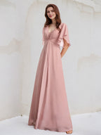Abito da damigella lungo fino a terra in chiffon, linea a trapezio e scollo a V