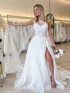 A Line One Shoulder Lace Tulle Bridal Dress With Long Train