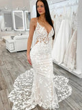 Thin Strap Deep V Neck Lace Low Back Mermaid Wedding Dress