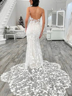 Thin Strap Deep V Neck Lace Low Back Mermaid Wedding Dress