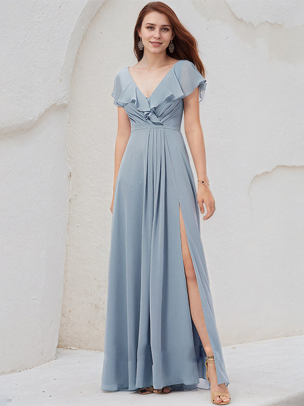 Staubblaues A-Linien Chiffonkleid mit V-Ausschnitt und bodenlanger Länge, Brautjungfernkleid