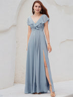Staubblaues A-Linien Chiffonkleid mit V-Ausschnitt und bodenlanger Länge, Brautjungfernkleid