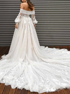 Off-the-Shoulder Puff Long Sleeve Dreamy Tulle Wedding Dress With Long Train