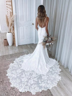 Simple Deep V Neck Spaghetti Strap Wedding Dress Lace Trimmed Cathedral Train