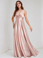 Vestido de madrinha longo em cetim rosa empoeirado, corte A, decote em V, sem mangas