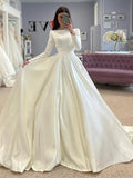 Long Sleeves Simple Clean Design Satin Ballgown Sweep Train Wedding Dress