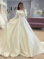 Long Sleeves Simple Clean Design Satin Ballgown Sweep Train Wedding Dress