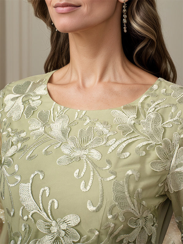 Robe mère de la mariée maxi en dentelle froncée ligne A col rond à volants