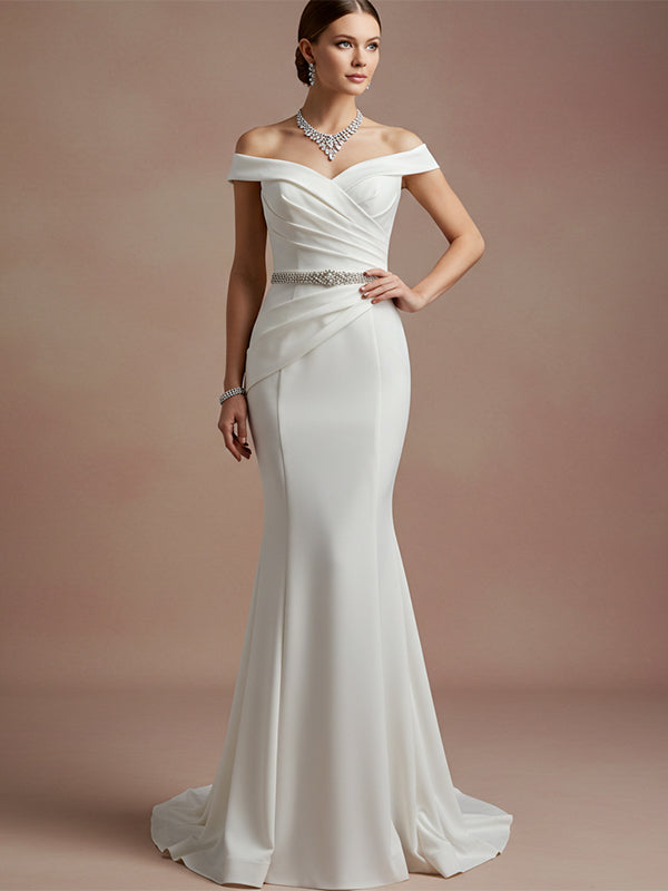 Elegant Evening Satin Dress Off-Shoulder Mermaid White Rhinestone Formal Dress