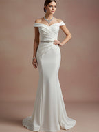 Elegant Evening Satin Dress Off-Shoulder Mermaid White Rhinestone Formal Dress