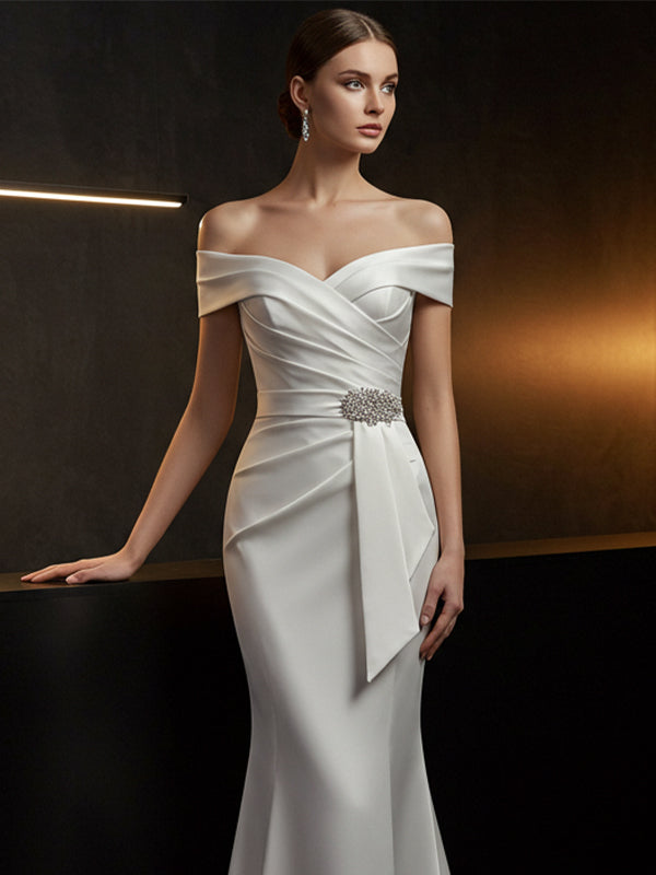Elegant Evening Satin Dress Off-Shoulder Mermaid White Sash Rhinestone Dress
