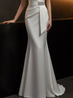 Elegant Evening Satin Dress Off-Shoulder Mermaid White Sash Rhinestone Dress