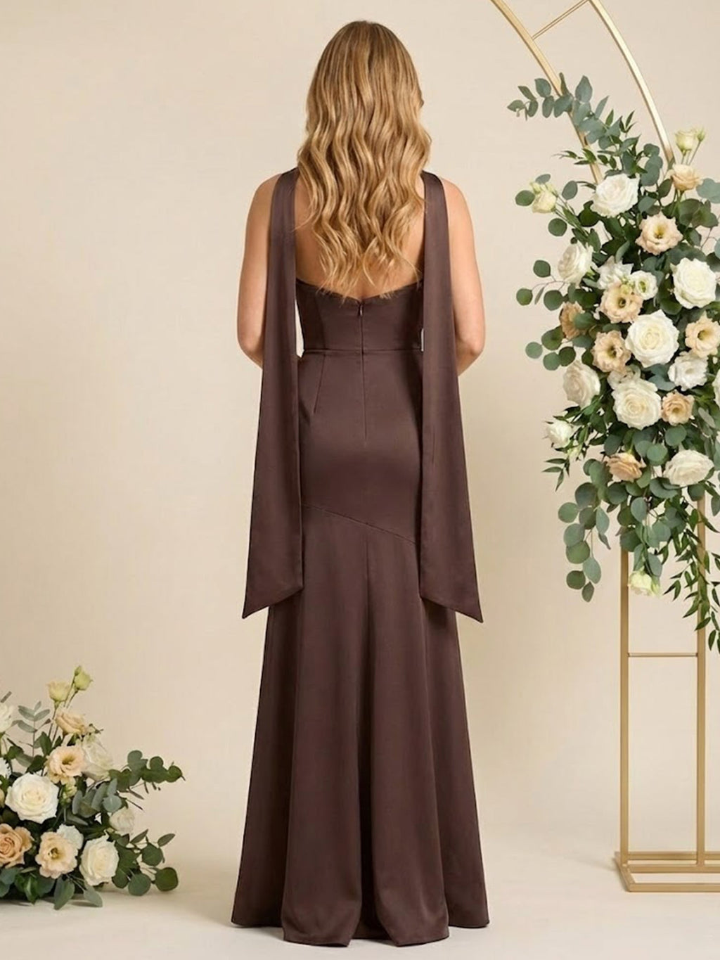 Elegant Chocolate Brown Strapless Satin Sheath Prom Gown with Matching Neck Scarf