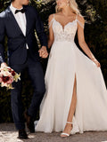 A-Line Chiffon Bridal Gown Beaded Shoulder Straps V Neck Lace Top With Slit