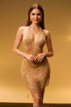 Glamorous Halter Neck Layered Chain Fringe Mini Dress