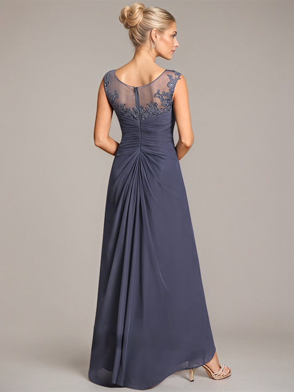 A-Linien Rundhals Illusions asymmetrisches Chiffon-Spitzenkleid für die Mutter der Braut mit plissierter Perlenverzierung