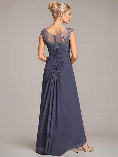 A-Linien Rundhals Illusions asymmetrisches Chiffon-Spitzenkleid für die Mutter der Braut mit plissierter Perlenverzierung