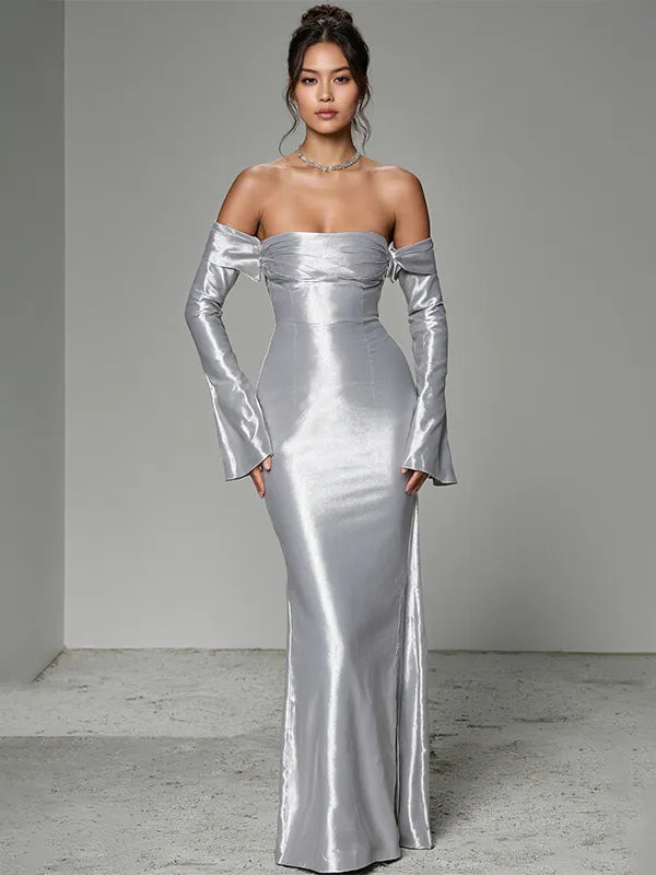 Party Kleid Silber-Grau Schulterfreies Tüll Maxi Kleid