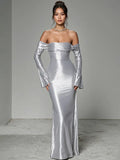 Party Kleid Silber-Grau Schulterfreies Tüll Maxi Kleid