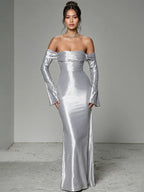 Party Kleid Silber-Grau Schulterfreies Tüll Maxi Kleid