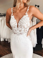 Mermaid Sleeveless Deep V Neck Lace Long Train Wedding Dress