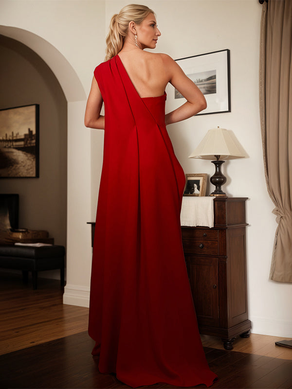 Abito da madre della sposa a linea A monospalla in satin elastico lungo fino a terra