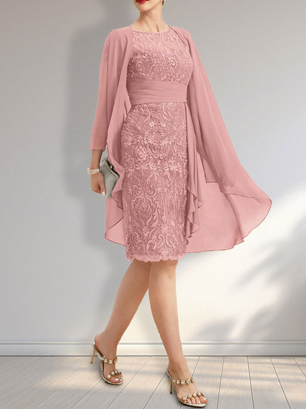 Etui Rundhals Illusions-Knie-lang Spitzen-Chiffon Brautmutterkleid mit Kaskaden-Rüschen und Pailletten