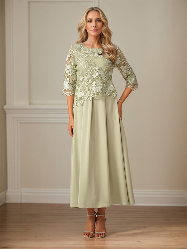Robe mère de la mariée maxi en dentelle froncée ligne A col rond à volants