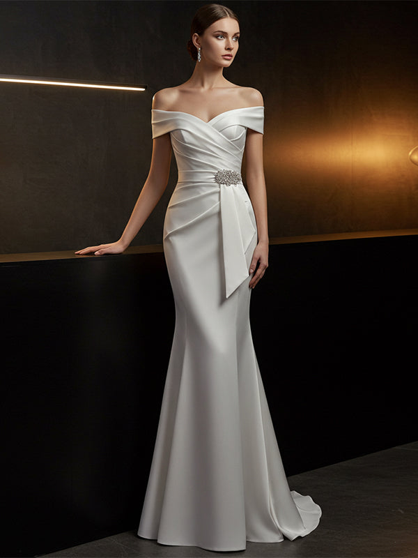Elegant Evening Satin Dress Off-Shoulder Mermaid White Sash Rhinestone Dress