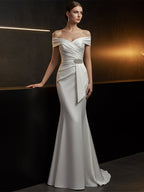 Elegant Evening Satin Dress Off-Shoulder Mermaid White Sash Rhinestone Dress