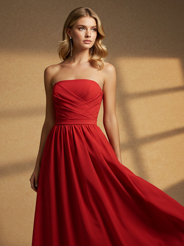 Elegant Formal Red Maxi Prom Dress Off The Shoulder Strapless Evening Gown