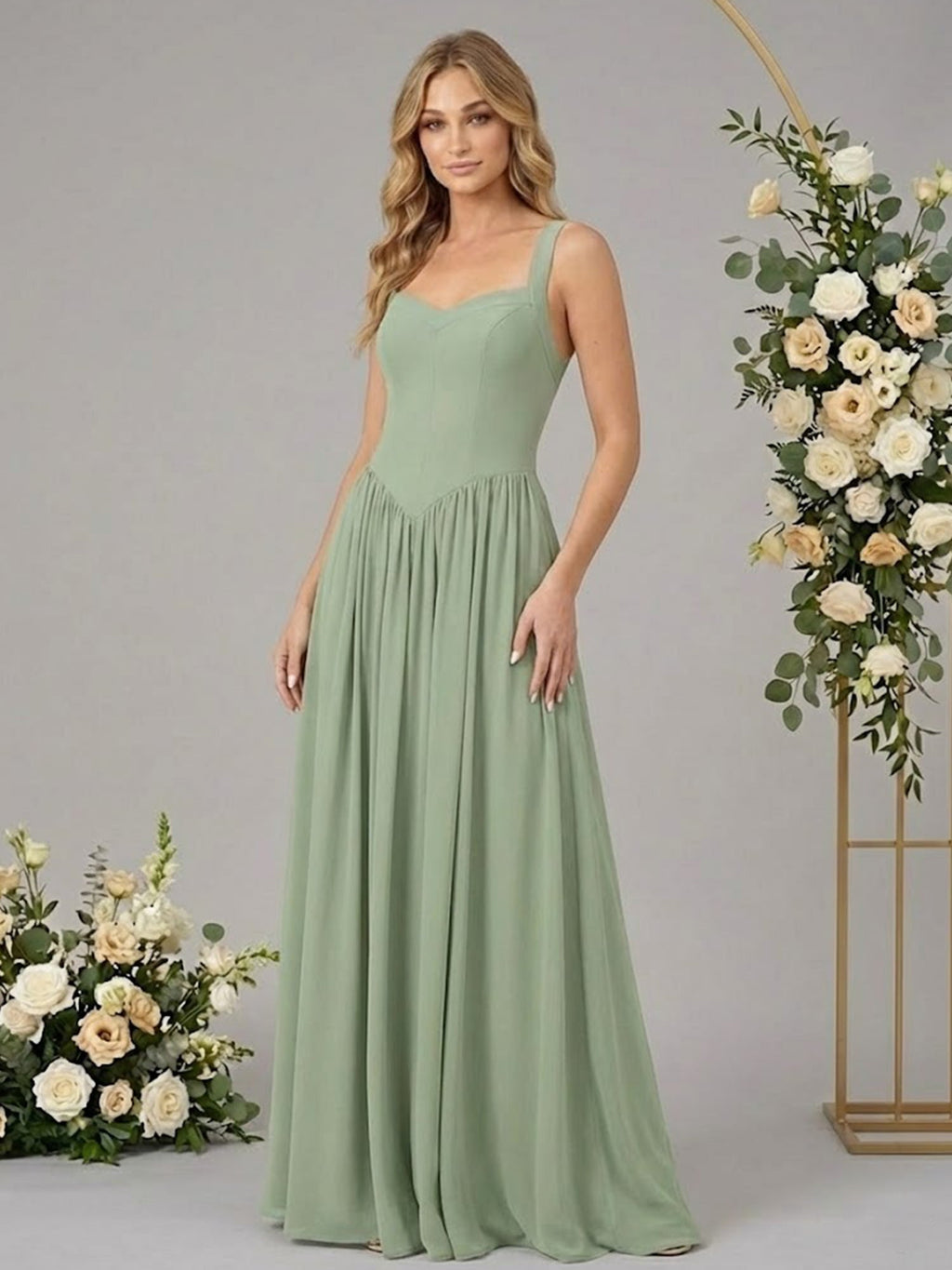 Vestidos largos de dama de honor de gasa línea A con tirantes regulares y bolsillo