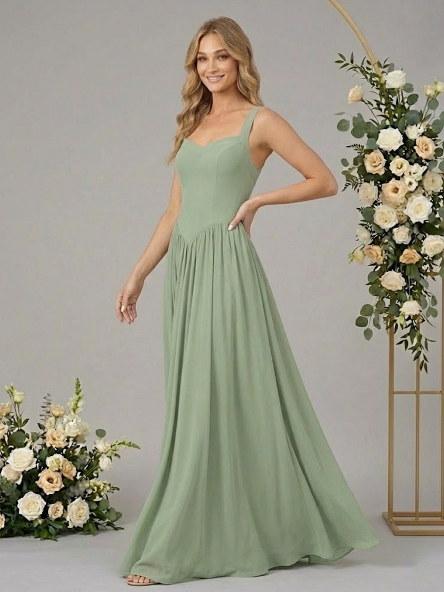 Vestidos largos de dama de honor de gasa línea A con tirantes regulares y bolsillo