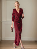 Vestido Elegante para Mãe da Noiva, Decote V, Mangas Longas, Assimétrico com Fenda