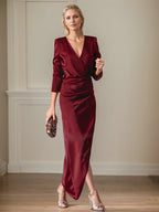 Vestido Elegante para Mãe da Noiva, Decote V, Mangas Longas, Assimétrico com Fenda