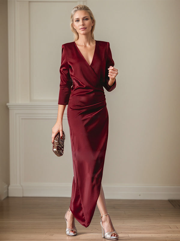 Vestido Elegante para Mãe da Noiva, Decote V, Mangas Longas, Assimétrico com Fenda