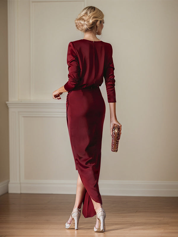 Vestido Elegante para Mãe da Noiva, Decote V, Mangas Longas, Assimétrico com Fenda