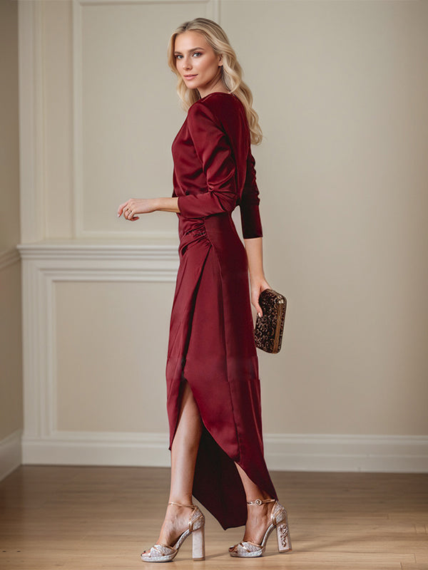 Vestido Elegante para Mãe da Noiva, Decote V, Mangas Longas, Assimétrico com Fenda