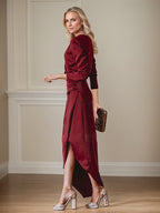 Vestido Elegante para Mãe da Noiva, Decote V, Mangas Longas, Assimétrico com Fenda