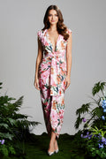 Plunging V Neck Floral Print Midi Dress With Ruched Detail