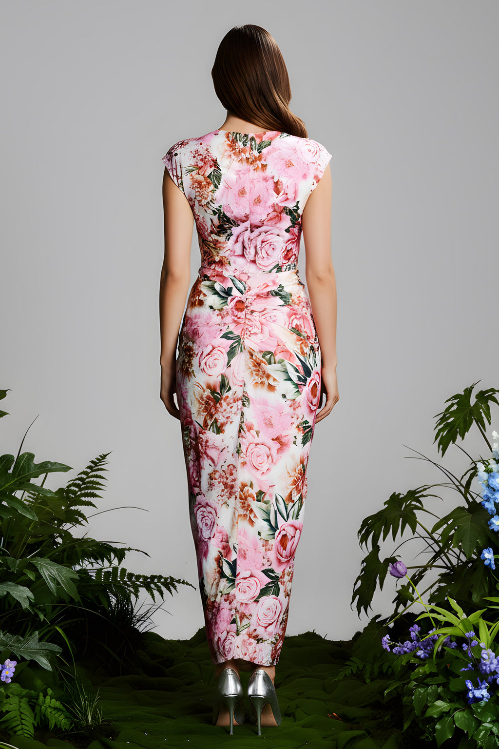 Plunging V Neck Floral Print Midi Dress With Ruched Detail