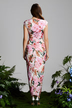Plunging V Neck Floral Print Midi Dress With Ruched Detail